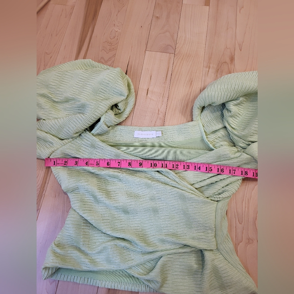 NWOT Jonathan Simkhai Green puff sleeve blouse with ruched wrap style - Picture 8 of 9